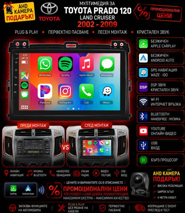 Мултимедия, Навигация Toyota Prado 120, Land Cruiser, Android, Ланд Крузер, Carplay, Waze, Андроид, 2002, 2003, 2004, 2005, 2006, 2007, 2008, 2009 година