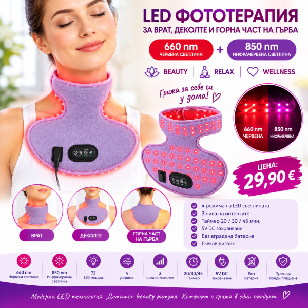 LED маска за светлинна фотон терапия за шия и деколте, маска с червена светлина със 72 LED лампи 660nm/850nm