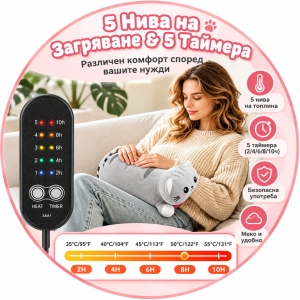 Затопляща възглавница Коте с USB, 5 степени, 5 таймера – електрическа нагревателна възглавница, за менструални болки, кръст, корем и мускули